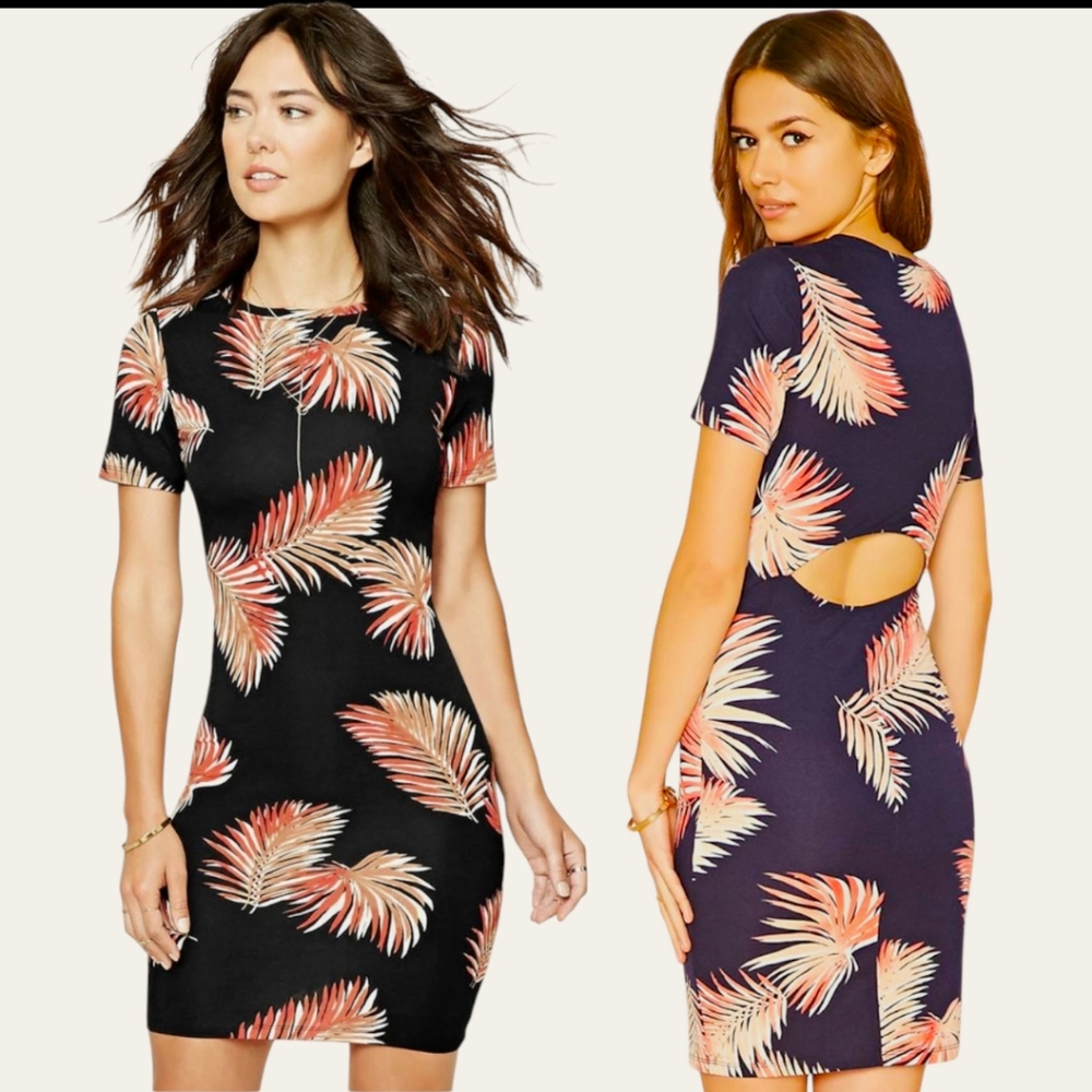 Forever 21 Tropical leaf Bodycon Midi -Length Short Sleeve Dress Sz: Medium